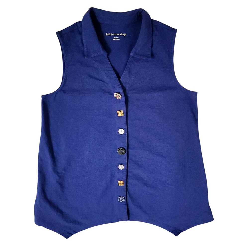 Soft Surroundings Danielle Slub Button Sleevless Top M Blue Sharkbite Hem